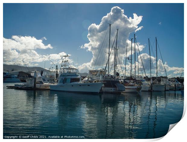 Picturesque nautical scene with huge white cumulonimbus clouds i Print by Geoff Childs