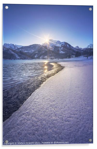 Gramolazzo lake and snow in Apuan mountains. Garfagnana, Tuscany Acrylic by Stefano Orazzini