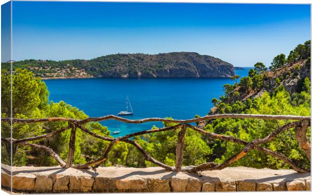 Idyllic bay with sailboat at blue sea Canvas Print by Alex Winter