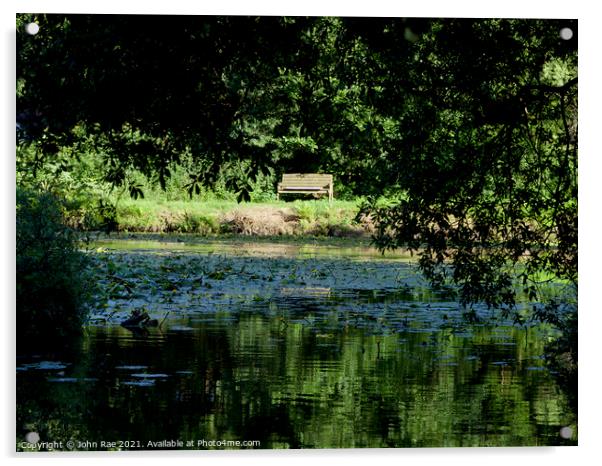 Bench and lily pond Acrylic by John Rae