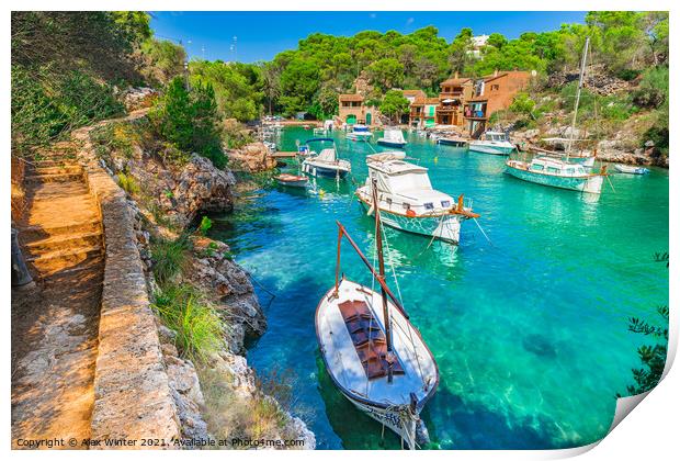 Mallorca Spain beautiful bay boats Cala Figuera Print by Alex Winter