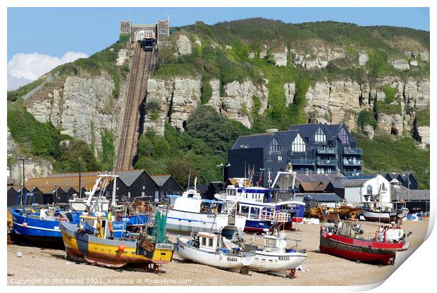Hastings Beach - Fishing Huts  and boats  Print by Phil Banks