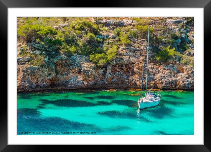 Beautiful bay with boat in Mediterranean Sea  Framed Mounted Print by Alex Winter