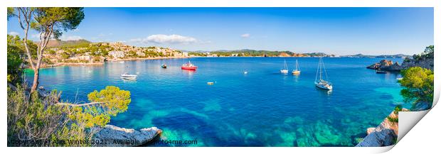 Coast bay with boats at Cala Fornells Mallorca Print by Alex Winter
