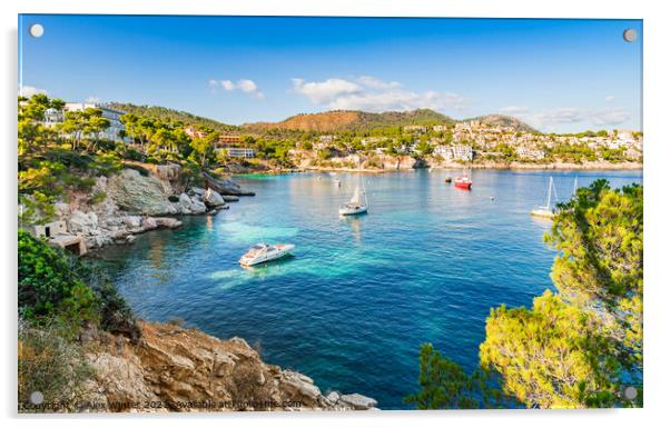 Panorama view with boats at Cala Fornells Mallorca Acrylic by Alex Winter
