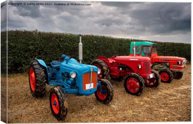 3 vintage Tractors  in a Cornish field Canvas Print by kathy white