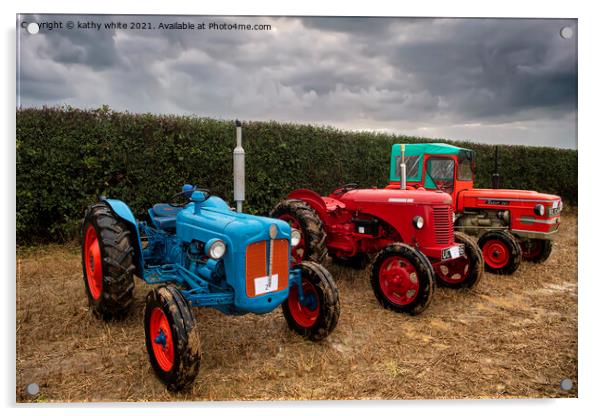 3 vintage Tractors  in a Cornish field Acrylic by kathy white