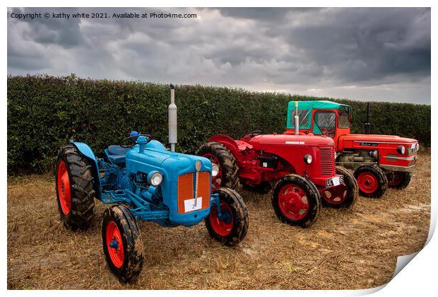 3 vintage Tractors  in a Cornish field Print by kathy white