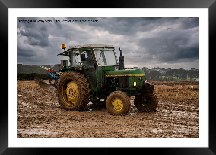 John Deere Tractor  in a Cornish field Framed Mounted Print by kathy white