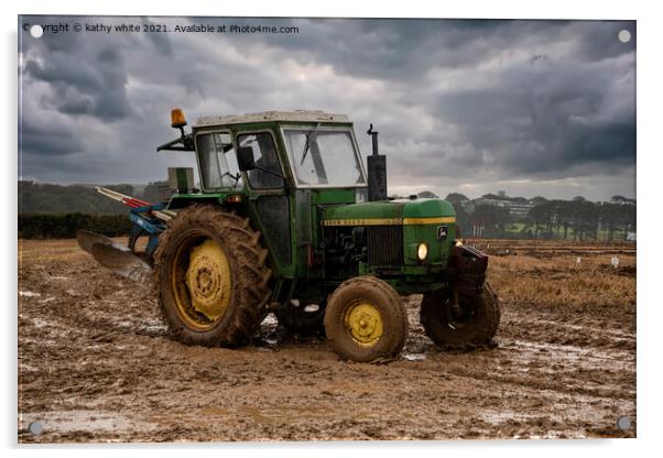 John Deere Tractor  in a Cornish field Acrylic by kathy white