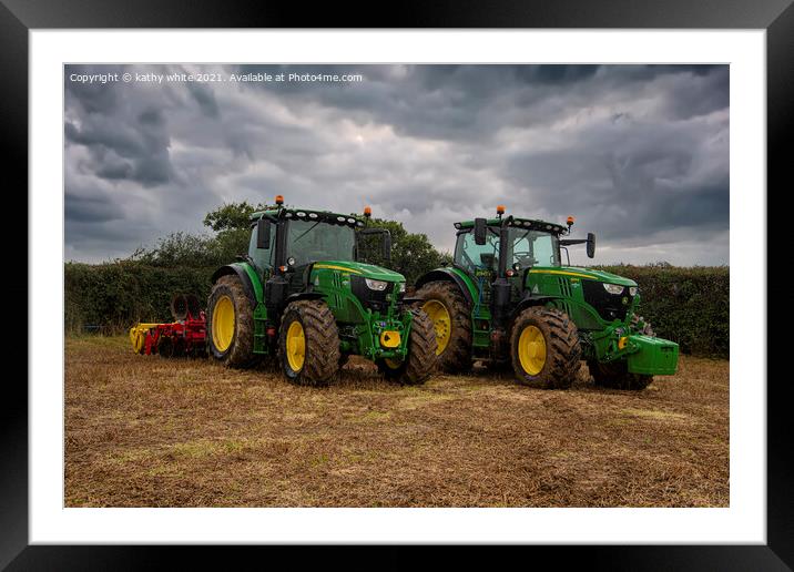 Twin John Deere tractors Framed Mounted Print by kathy white