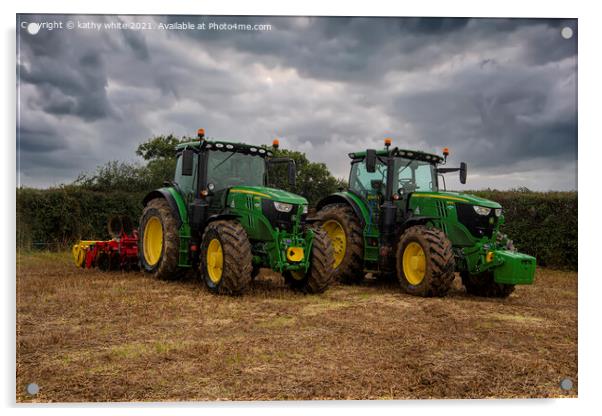 Twin John Deere tractors Acrylic by kathy white