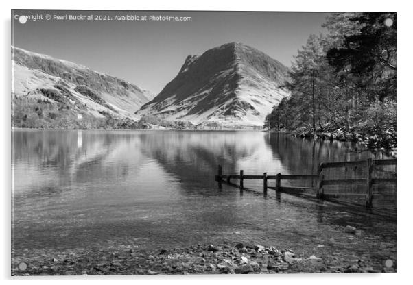 Buttermere Reflections Lake District monochrome Acrylic by Pearl Bucknall