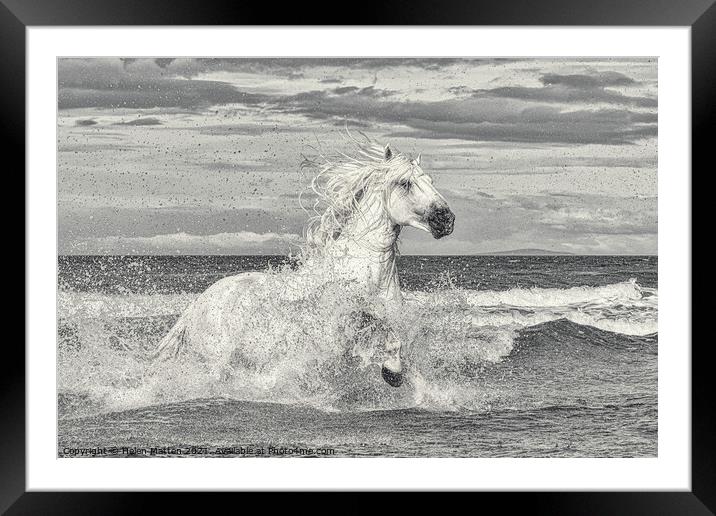 White Stallion in the Sea Framed Mounted Print by Helkoryo Photography