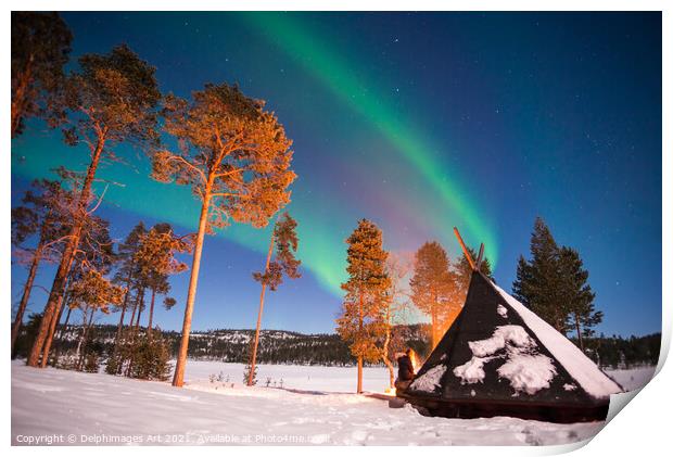 Northern lights by the lake in Finland Print by Delphimages Art