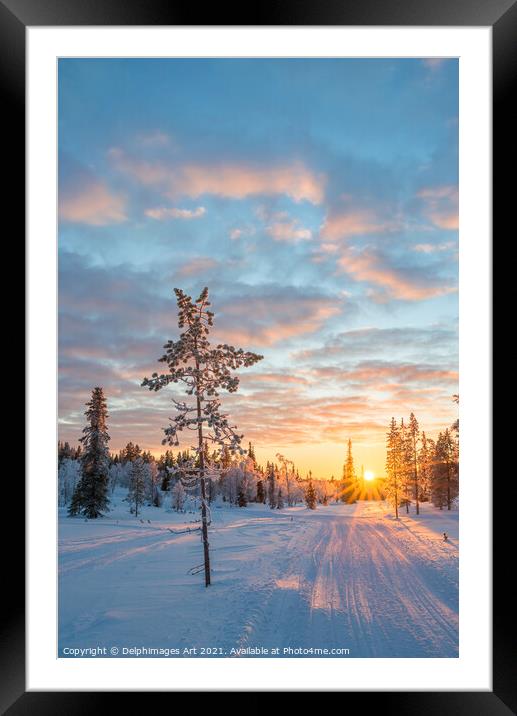 Snowy landscape at sunset in winter, Finland Framed Mounted Print by Delphimages Art