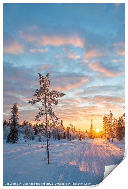 Snowy landscape at sunset in winter, Finland Print by Delphimages Art