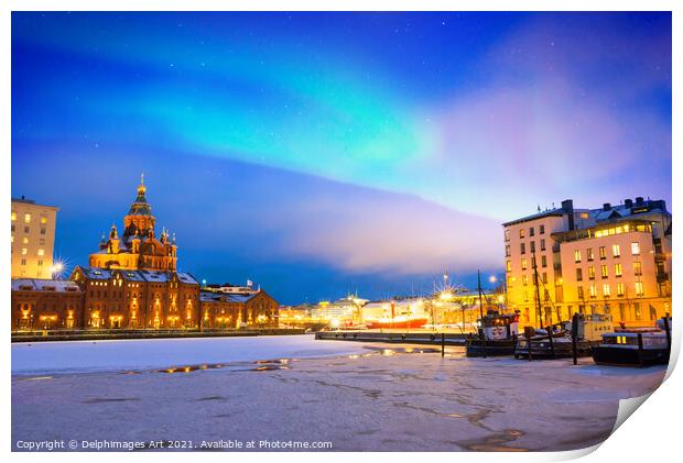 Old port and cathedral of Helsinki in winter Print by Delphimages Art