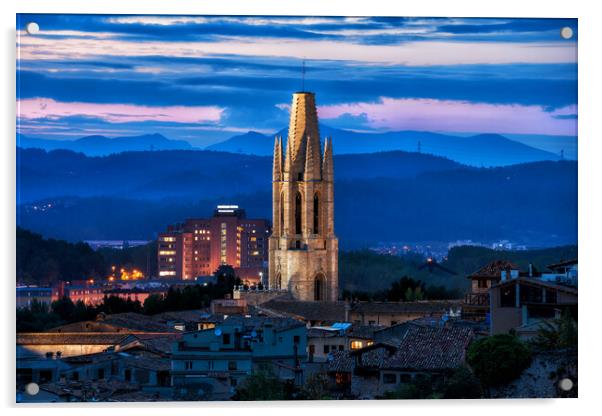 Sant Feliu Basilica Tower at Dusk in Girona Acrylic by Artur Bogacki