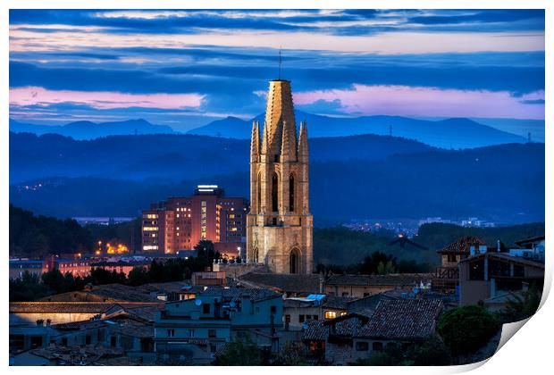 Sant Feliu Basilica Tower at Dusk in Girona Print by Artur Bogacki