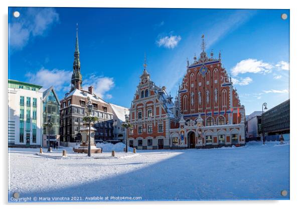 Town hall square during sunny winter snowy day in  Acrylic by Maria Vonotna