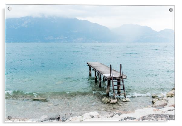 Quiet shore of Lake Garda on a rainy day near the empty jetty. Acrylic by Joaquin Corbalan