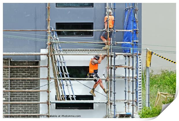 Construction workers dismantling scaffolding on new construction Print by Geoff Childs