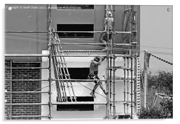 Construction workers dismantling scaffolding on new construction Acrylic by Geoff Childs