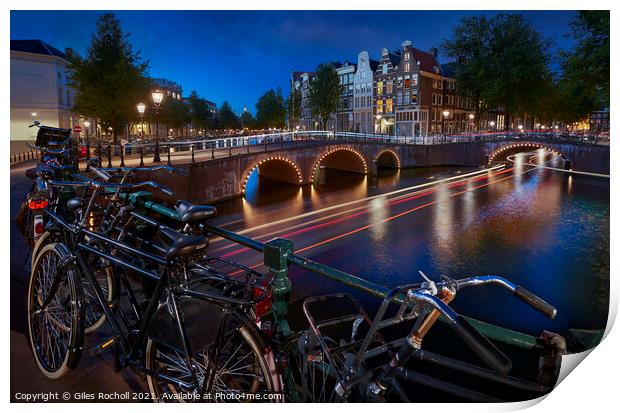 Amsterdam Bicycles and Canals dusk Print by Giles Rocholl