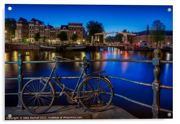 Amsterdam Bicycles and Canals dusk Acrylic by Giles Rocholl