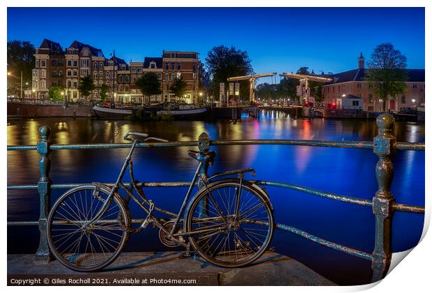 Amsterdam Bicycles and Canals dusk Print by Giles Rocholl