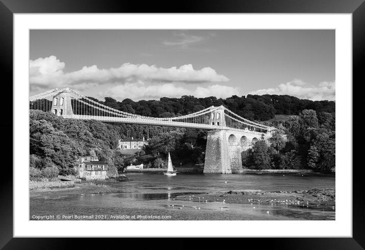 Menai Suspension Bridge Anglesey Black and White Framed Mounted Print by Pearl Bucknall