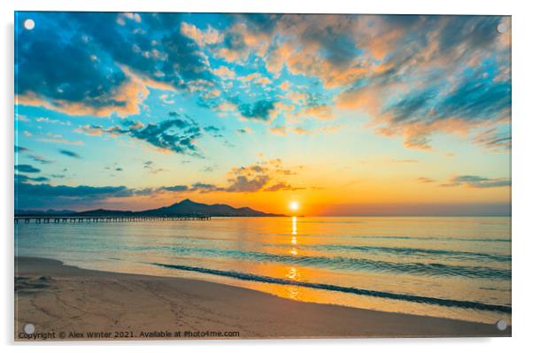 Idyllic sunrise at bay of Alcudia beach Mallorca Acrylic by Alex Winter