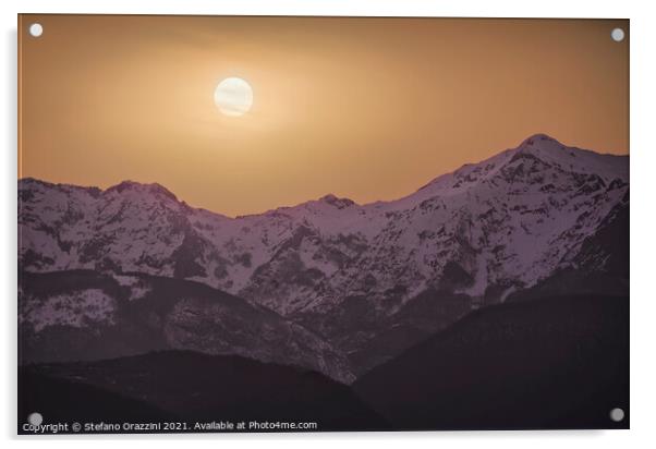 Alpi Apuane mountains orange sunset. Acrylic by Stefano Orazzini
