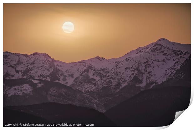 Alpi Apuane mountains orange sunset. Print by Stefano Orazzini