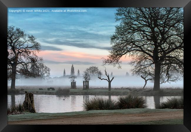 Misty over pond Framed Print by Kevin White