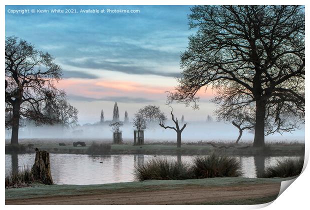 Misty over pond Print by Kevin White