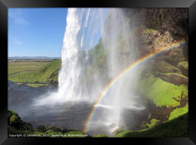 Rainbow in front of Seljalandsfoss waterfall, Iceland Framed Print by Lensw0rld 