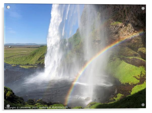 Rainbow in front of Seljalandsfoss waterfall, Iceland Acrylic by Lensw0rld 