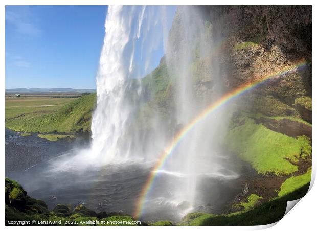 Rainbow in front of Seljalandsfoss waterfall, Iceland Print by Lensw0rld 