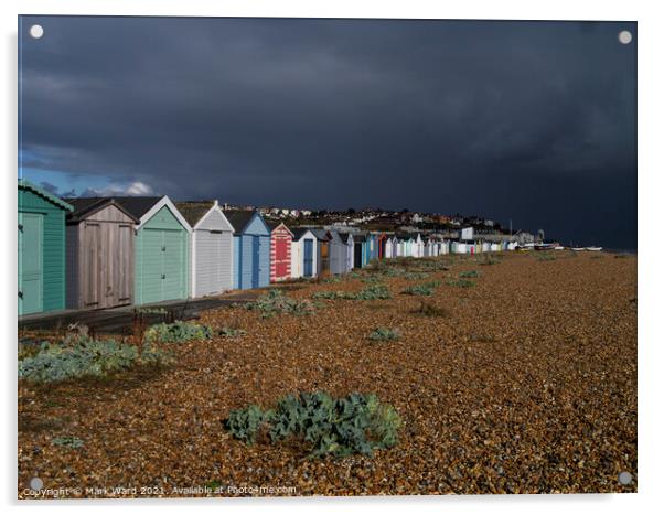 Beach Huts bathed in Sunshine and Rain. Acrylic by Mark Ward