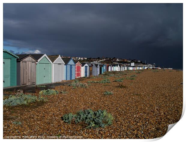 Beach Huts bathed in Sunshine and Rain. Print by Mark Ward