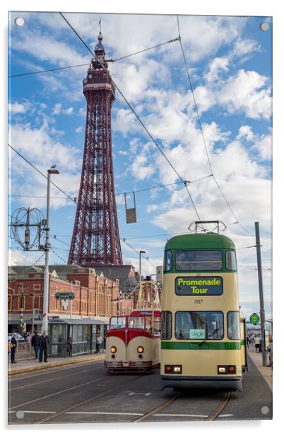 Old trams under Blackpool Tower Acrylic by Jason Wells