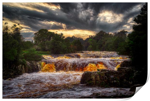 Low force waterfall during a storm Print by simon cowan