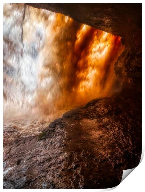 Standing behind A large waterfall in a cave Print by simon cowan
