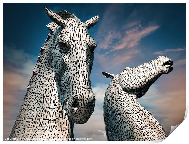 Majestic Kelpies Rising from Scottish Canal Print by Janet Carmichael