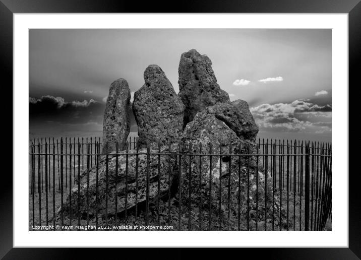 The Whispering Knights (The Rollright Stones) Greyscale Framed Mounted Print by Kevin Maughan