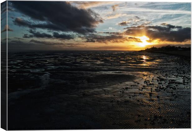Sunset at low tide, East Beach, Shoeburyness, Essex. Canvas Print by Peter Bolton