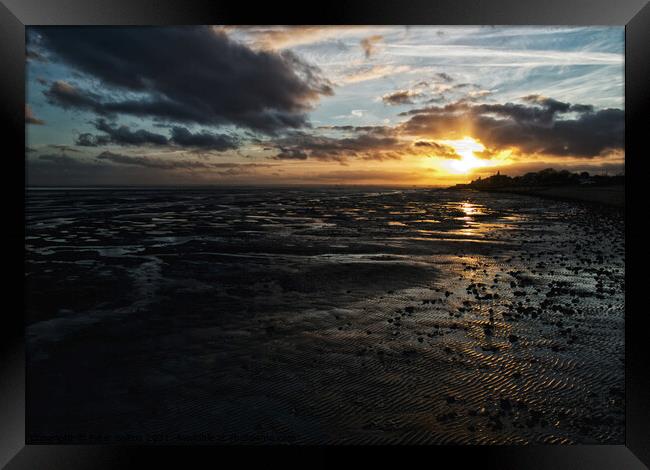 Sunset at low tide, East Beach, Shoeburyness, Essex. Framed Print by Peter Bolton