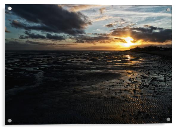 Sunset at low tide, East Beach, Shoeburyness, Essex. Acrylic by Peter Bolton